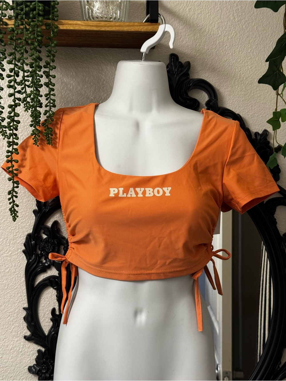 PLAYBOY Orange Short-Sleeve Crop Top with Side Ties